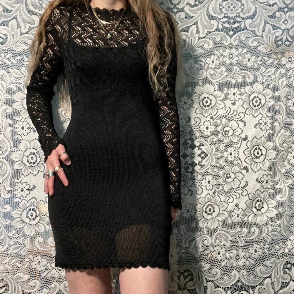 Free People Black Crochet Knit Mock Neck Long Sleeve Bodycon Dress